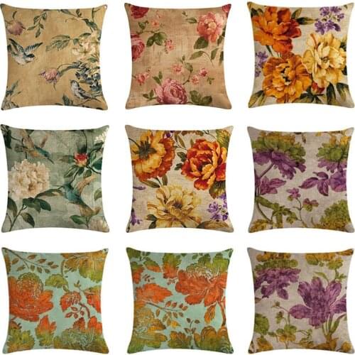 45x45cm Vintage Flowers Cushion Cover Decorative Cotton Linen Rose Pillowcase Chair Seat Home Decor Square Throw Pillow Cover