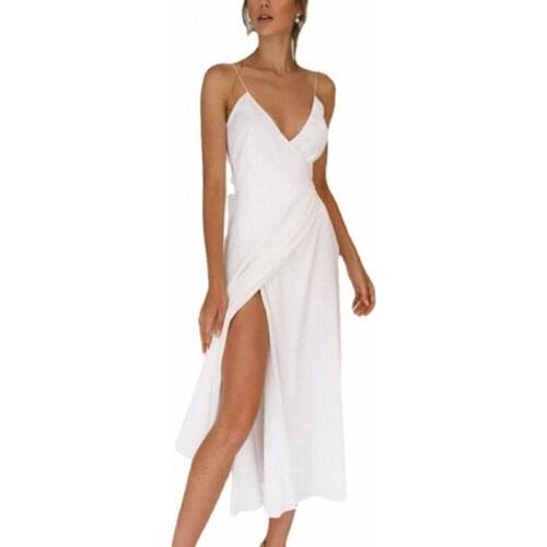 White Dress For Women Party Sexy Split Summer Vestidos Sleeveless V Neck Backless Midi Dress Beach Holiday Casual Chic Robe Gown