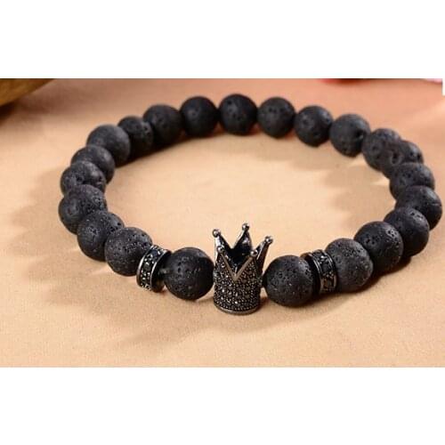 8mm df2 Crown gold cz zircon cubic zirconia elastic adjusted black volcanic lava Bracelet Stone bead essential oils diffuser