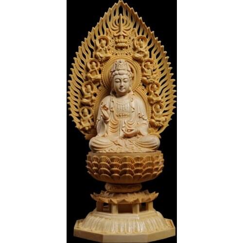 Household Statue Cypress Wood 28CM Three Buddhas Sculpture Ksitigarbha Sakyamuni Guanyin Wood Buddha Statues Myth God Crafts