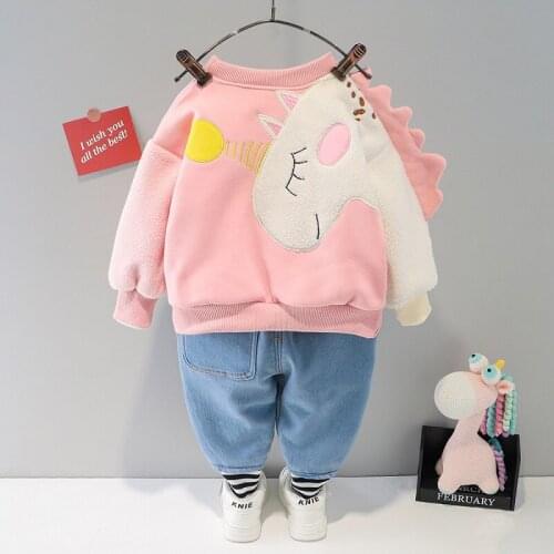 Boys and girls Plush set autumn and winter baby new cartoon Unicorn print thickened sweater two-piece childrens Plush pants
