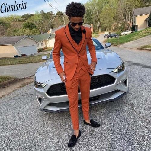 Handsome Orange Slim Fit Mens Suits Notched Lapel Wedding Tuxedos For Men Cheap Three Piece Prom Blazers (Jacket+Pants+Vest)