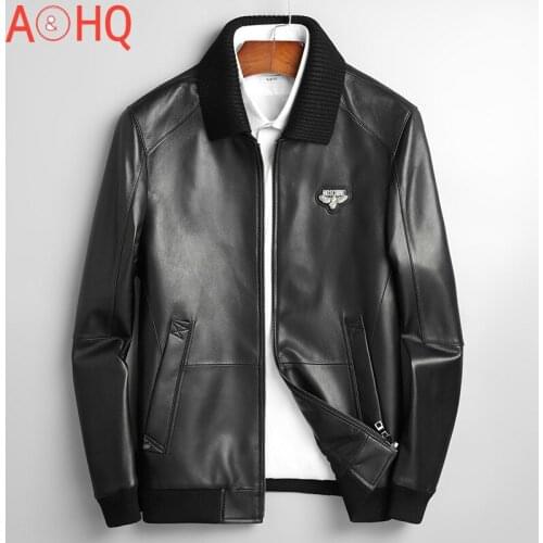 Genuine Sheepskin Leather Jacket Men Clothing Baseball Style Detachable Fur Collar Fashion Clothes Ropa Hombre LXR991