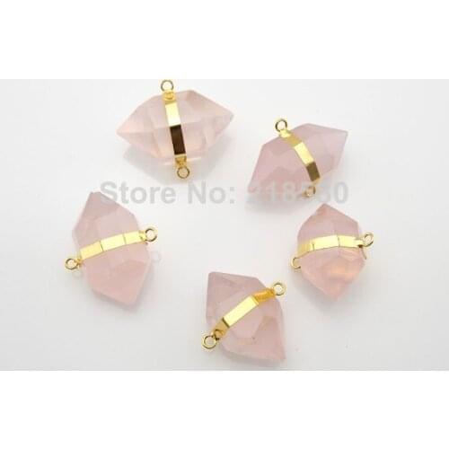 P6070960 Healing Crystal Pillar Charm Rose Quartzs Nugget Pendant with Gold Layered Edging Approx 35mmx18mm