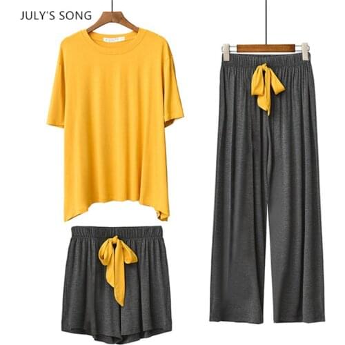 JULYS SONG 3 Pieces Pajamas Set Modal Casual Loose Spring Autumn Sleepwear Short-sleeved Shorts Long Trousers Soft Home wear