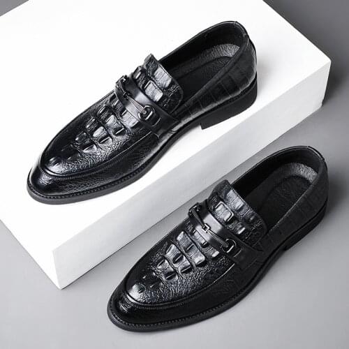 Genuine Leather Mens Dress Shoes Crocodile Pattern Lace Up Pointed Toe Mens Business Flat Shoes England Style Mens Formal Shoes