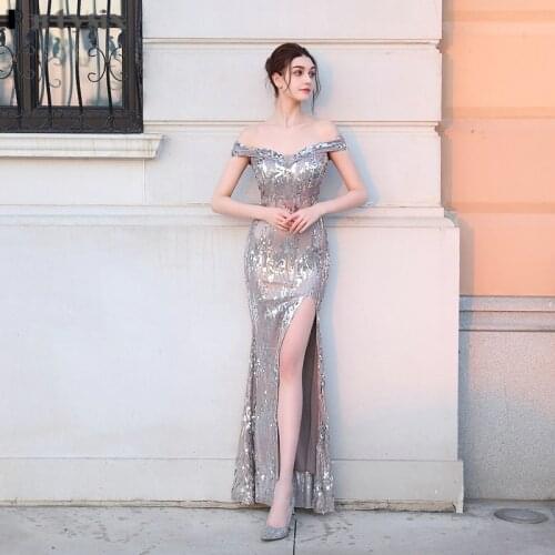 Partysix Silver Sequined Off The Shoulder Short Sleeve Side Split Sexy Women Dress Long Elegant Party Prom Clubwear Formal Dress