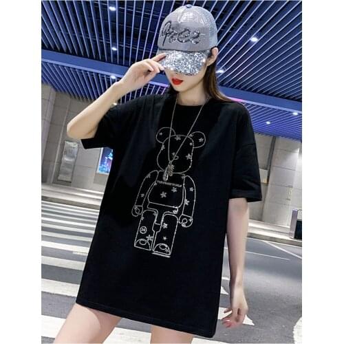 Bear Cotton T Shirt Rhinestone Summer T-shirt Women Loose Diamonds Short Sleeves