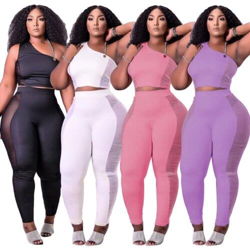 Women Yoga Tracksuit Mesh Patchwork One Shoulder Sleeveless Crop Tops And Pencil Pants Two 2 Piece Sets 2021Summer Outfits