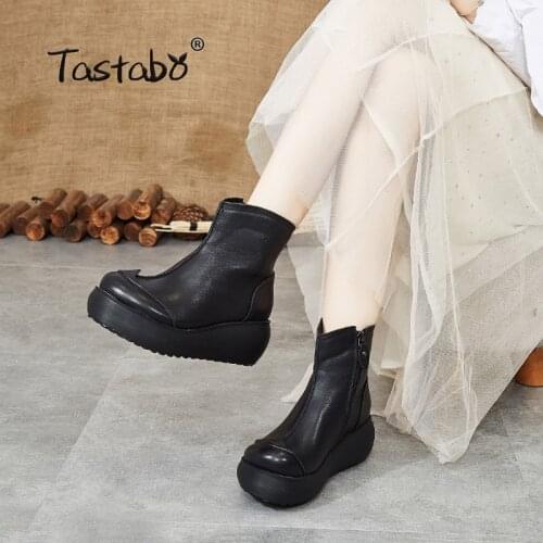Tastabo Genuine Leather Womens nude boots Retro style Abrasion-resistant Comfortable Womens boots S88602 zipper Black Sand