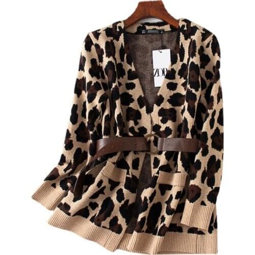 Shuchan Leopard Long Cardigan Autumn Winter V-Neck Fashion Blend Open Stitch Streetwear Knit Long Sweaters Women