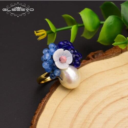 GLSEEVO 925 Sterling Silver Natural Pearl Blue Stone Shell Flower Ring For Women Wedding Handmade Ring Fine Jewellery GR0230