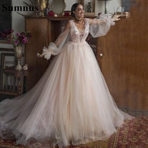 Sumnus Bohanmin Wedding Dresses Elegant 3D Flower V neck Party Dress Long Sleeves Princess Bridal Dress 2021
