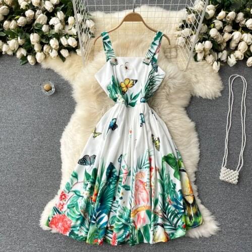 Europe Style 2021 Summer Womens Sleeveless Floral Print Spaghetti Straps A Line Dress Female Vacation Party Dresses