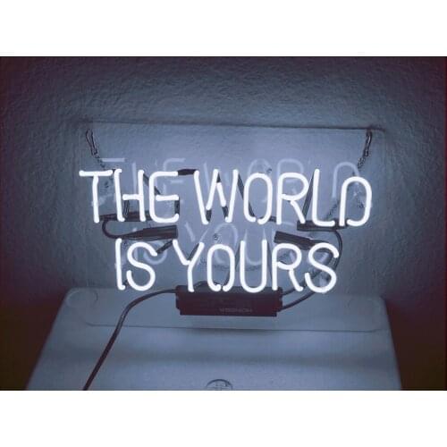 14"x10" The World Is Yours White Neon Light Lamp Sign Custom Beer Handmade Real Glass Decorate Home Wall Room Decor Club Tube