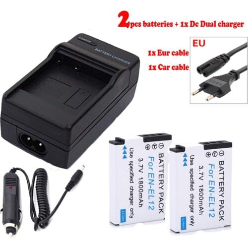 2PCS EN EL12 Battery + EUR charger and Car Charger For Nikon AW100s AW110s S8100 S8200 S9050 S9100 S9200 Camera en-el12