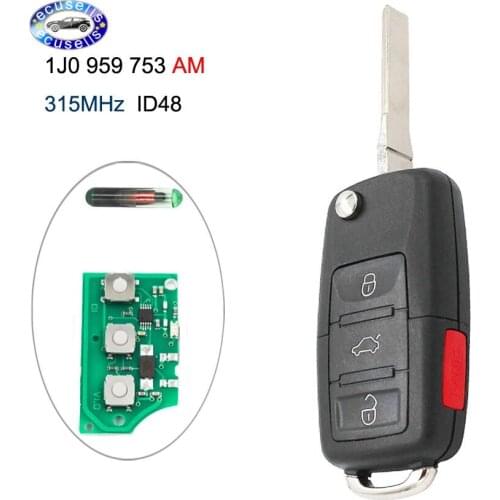 4 Button Folding Keyless Remote Key Fob 3+1 Button 315Mhz for VW Beetle /Golf /Jett 1J0 959 753 AM with ID48 Chip