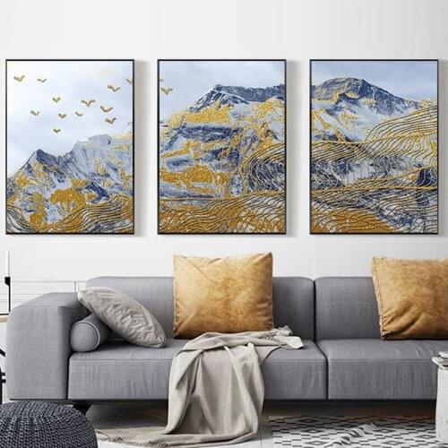 Abstract Gold Foil Mountain Birds Foggy Canvas Prints Wall Art Paintings for Living Room Bedroom Home Bathroom Wall Decor Poster
