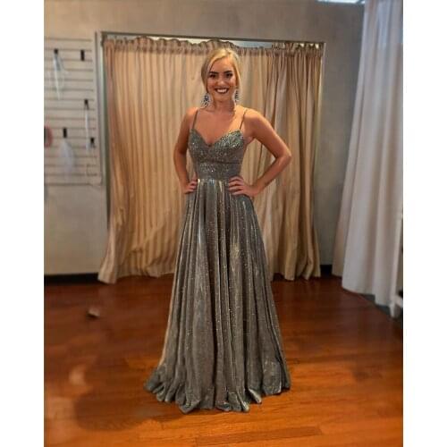 2021 Sparkly Long Prom Dresses Spaghetti straps Sleeveless A Line V Neck Formal Evening Party Gowns Robe De Soiree