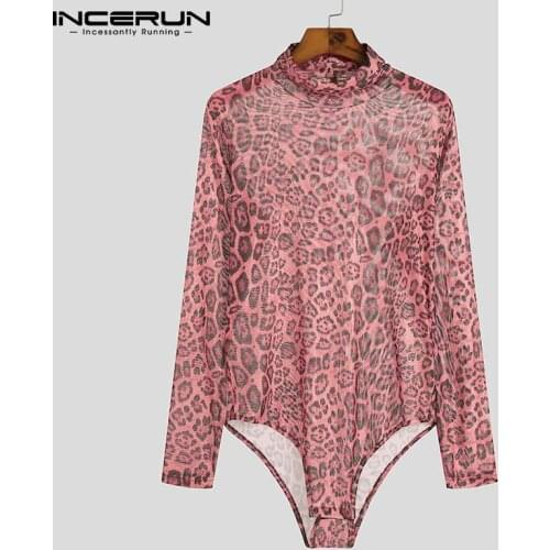 Fashion Men Bodysuit T Shirt Turtleneck Leopard Print Breathable Sexy Long Sleeve Rompers Fitness Streetwear Bodysuits INCERUN