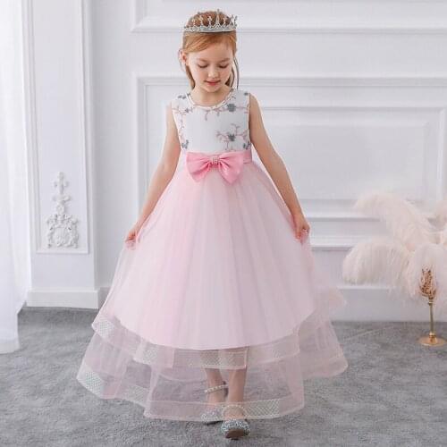 New Year Formal Party Long Evening Dress Girl Kids Dresses For Flowers Girls Bow Princess Dress Birthday Wedding Dress