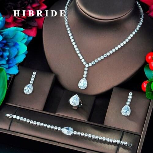 HIBRIDE Fashion Design Green Water Drop Shape Cubic Zircon Bridal Jewelry Sets For Women Wedding Accessories Gifts N-730