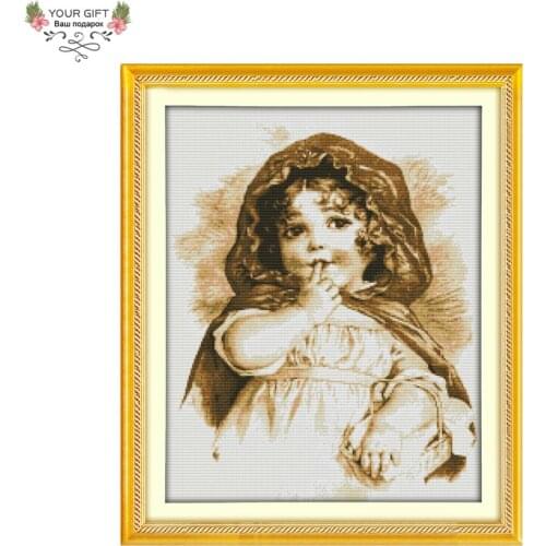 Joy Sunday RA092 14CT 11CT Counted and Stamped Home Decor The Girl Who Sucks Her Finger Embroidery Cross Stitch Kits