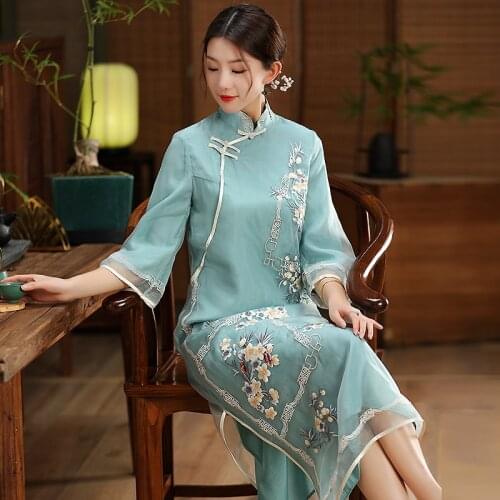 Classical Elegance Organza Cheongsam Spring And Summer New High-End Young Retro Embroidery Chinese Style Button Lady Dress S-XXL