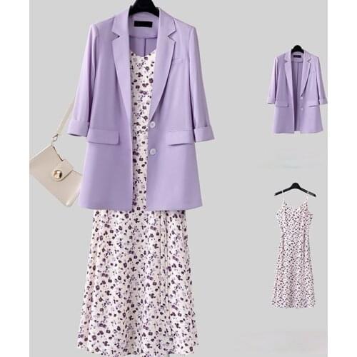 Dress Sets Women Plus Size 4XL Spring Korean Fashion Strap Chiffon Floral Long Dresses Purple Casual Suit Two-piece Suits X334