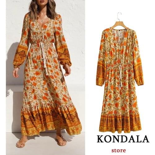 KONDALA Womens Dress Za Fashion 2021 Vintage Floral Print V Neck Dress Long Sleeve Bohemian Bow Tie Ruffles Mujer Vestidos