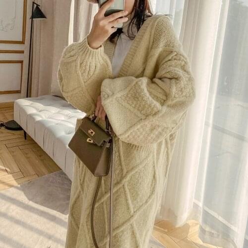 Korea Style Women Winter Thicken Loose Long Twist Sweater Coat Lantern Sleeve Knitted Cardigan Jacket Split Hem Cloak