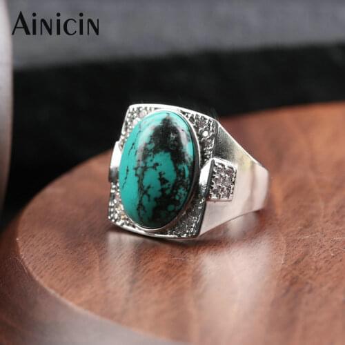 Fahsion Mens Jewelry Natural Blue Turuqoise Wide Adjustbale Ring 13x18mm Cabochons Rhinestone Crystal Setting Finger Rings