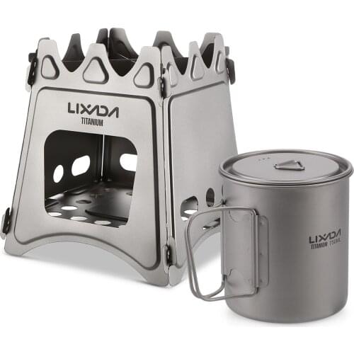 Outdoor Camping Wood Stove Folding Titanium Stove Burner with 750ml Water Cup Mug Mesh Sack for Hiking Picnic Camping Equipment