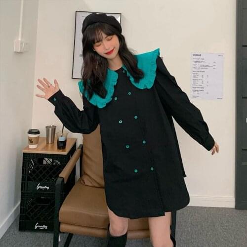 Make new large size ladies' fashion joker minus age into color black fungus edge doll get double-breasted shirt dress