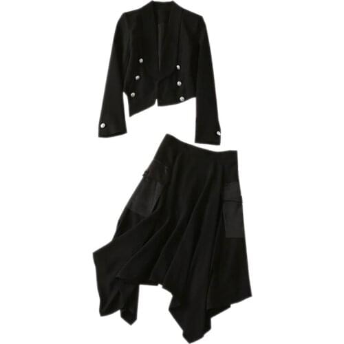 Formal Office Outfits Black Suit Set Double Breasted Buttons Irregular Jacket + Knee Length Ruffles Asymmetric Skirt