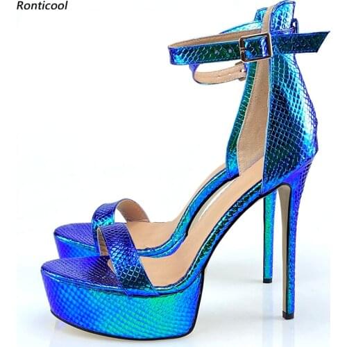 Ronticool Real Photos Women Summer Platform Sandals Snake Sexy Stiletto Heels Open Toe Gorgeous Blue Club Shoes US Size 5-20