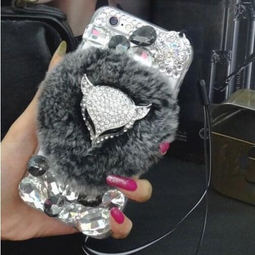Luxury fox head Bling Warm Soft Rabbit Fur Hair Phone Case For Samsung A9 A8 A6 PLUS A3 A5 A7 2017 A50 A60 A70 A80 A90 Coque