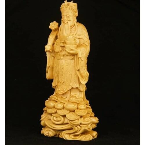 Boxwood 20cm God of Wealth Sculpture Figures Statue Feng Shui Solid Wood Lucky Buddha Rich Collection Home Decor
