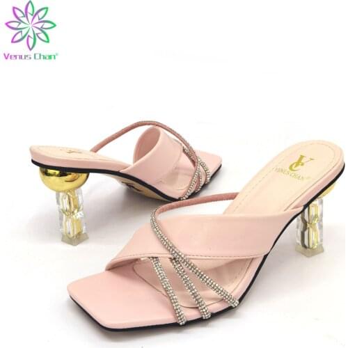 High Heels Women Shoes 2021 Sweet Fashion Slippers Villi Chain Thin Round Toed Wedding Dress Ankle Buckle Strap Pink 37-42