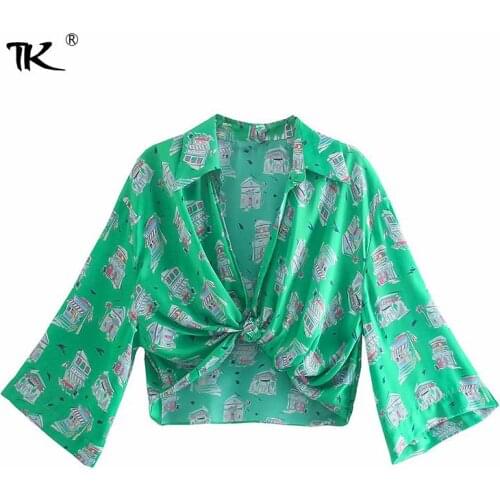Women Printing Turn-Down Cropped Blouses Long Sleeve Knot Pleated Tops Sexy Casual Female Blouse Slim New Summer Fashion 2021