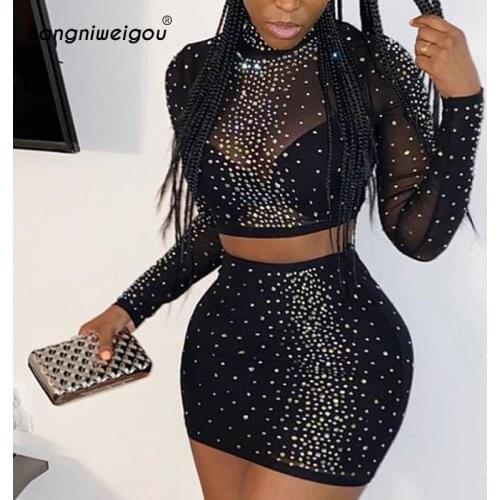 Bangniweigou Long Sleeve Diamond Mesh Top & Skirt Two Piece Set Women Sexy Rhinestone Sparkle Dress 2piece Set Night Party Suits