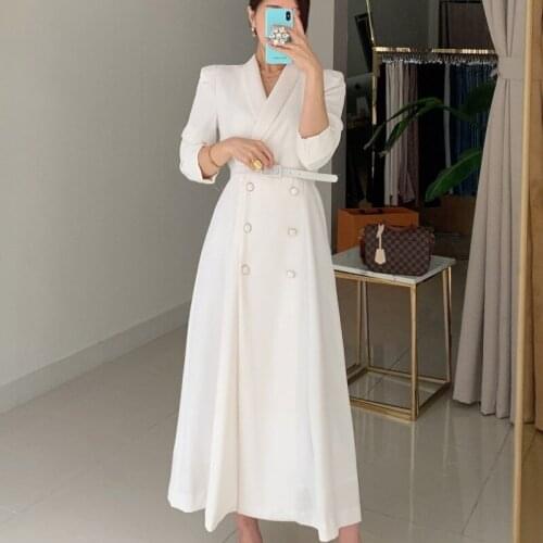 New 2021 Spring Elegant Suit Dress Women Femme Retro Office Lady Double-breasted Slim Long Dresses Vestidos