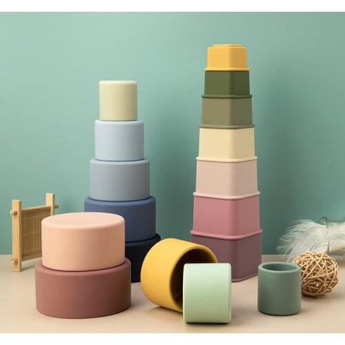 5pcs Newest Silicone Building Cup Baby Silicone Teether BPA Free Geometric Stacked Cups Folding Educational Toys Accessories