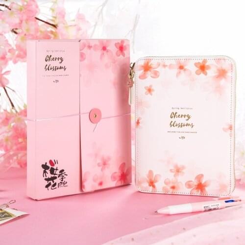 A5 Size Cherry Blossom Zipper Bag Notebook Cute Notepad , Hand Account Book With Pen Set, Gift Box