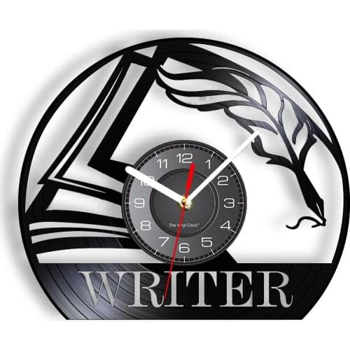 Writer Inspired Vinyl LP Retro Wall Clock Quill-pen Manuscripts Writing Author Art Wall Watch With LED Backlight Vintage Decor