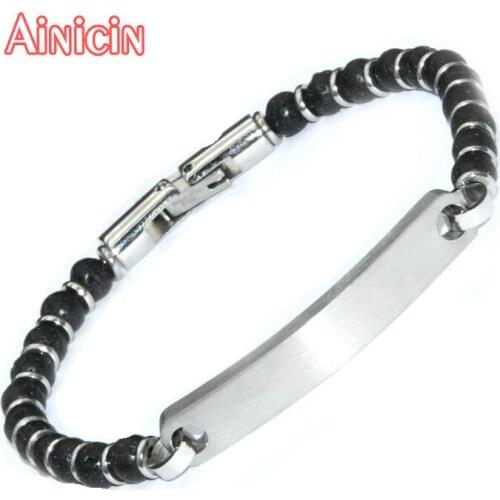Black Lava 6mm Round Stone Matt Surface Stainless Steel Curved Plate Bracelets Fashionable Mans Jewelry