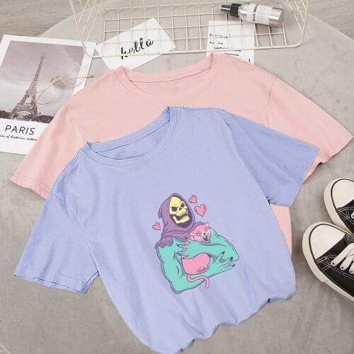 Cute Skull Cat T-Shirt Unisex Aesthetic Grunge Black Tee Gothic Clothing Witch Shirt Womens Short Sleeve Harajuku Chic T Shirts