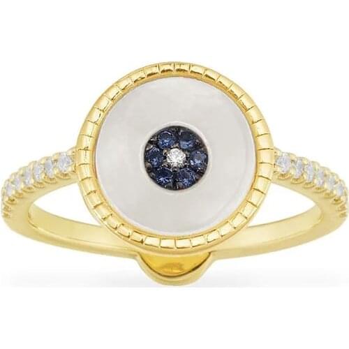 SLJELY Fashion Real 925 Sterling Silver Gold Color Lucky Eye Ring with Mother of Pearl Blue Zircon Stones Women Brand Jewelry