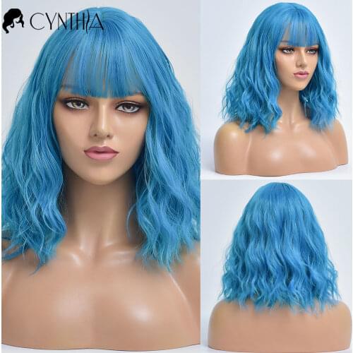 Cosplay Blue Short Wave Colored Hair Synthetic Wigs With Bangs For White Women Natural Heat Resistant Daily Female Fiber Wig