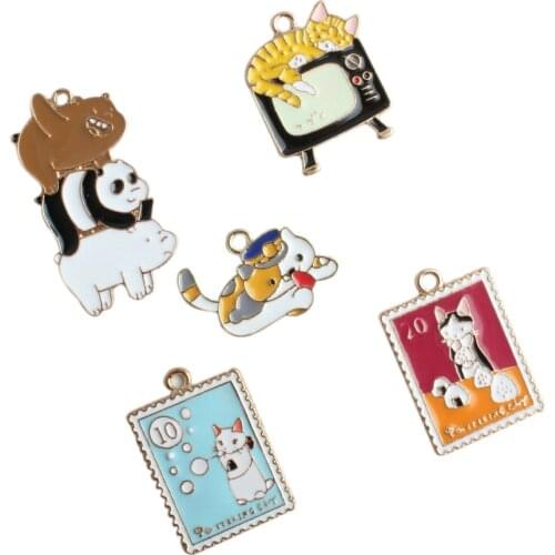 Colorful Enamel Alloy Charms 50pcs/Lot Gold tone Plated Drip Oil Kawaii Animal Panda Cat Stamp Necklace Pendant Charm Craft
